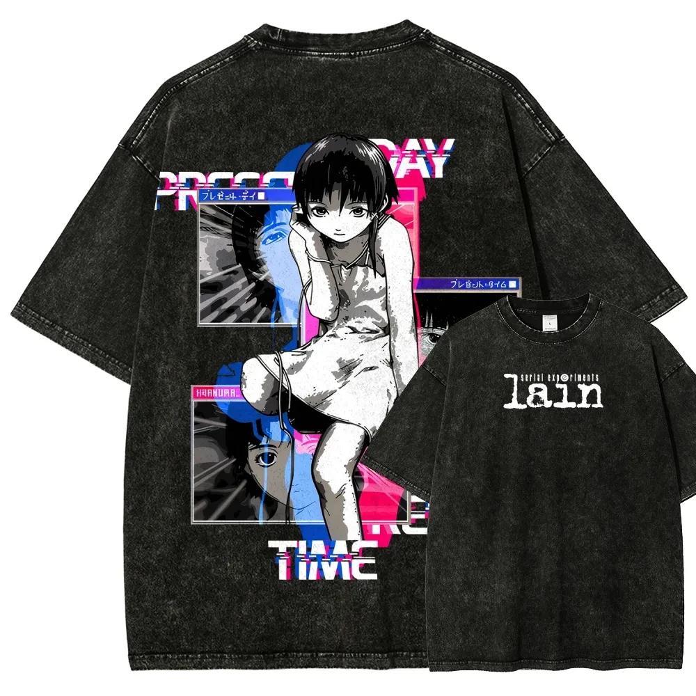 T-shirt Grafica Classica Retrò Anime Serial Experiments Lain Vestibilità Larga Casual Oversize Cotone Lavato Vintage Top Streetwear