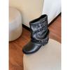 Cowhide version~ Today's popular short boots women's leather black stacking pants tube boots thick-soled cowboy boots