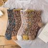 5 Pairs Vintage Japanese Women's Mid Calf Socks 3D Embroidery Floral Print Boho Ethnic Pattern All-Season Casual Stacked Socks