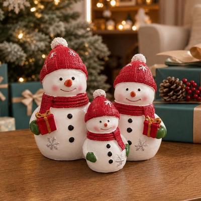 Seasonal Home Decor Christmas Resin Snowman Figurine, Cute Family of 3 Statue with Santa Holiday Mantel Hat, Red Scarf, Tabletop Ornament for