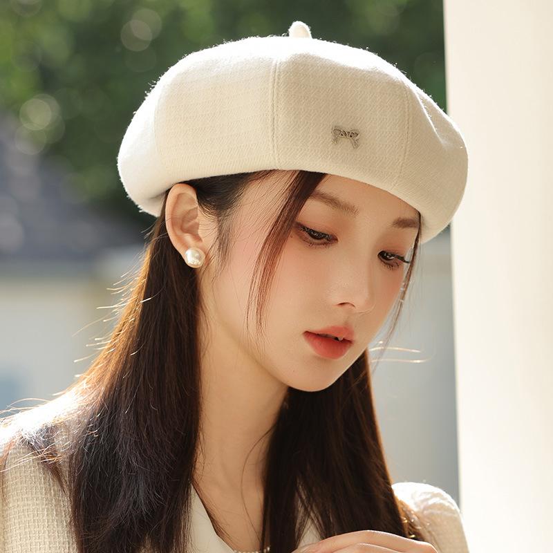 Vintage British Style Autumn Hat Women's Octagonal Hat Beret Bow Painter Hat