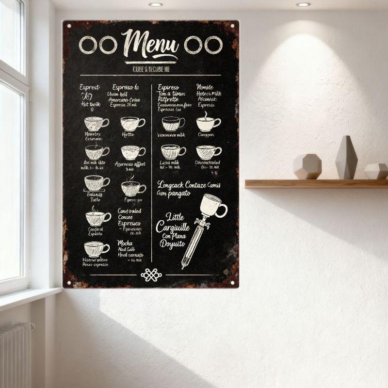 Vintage Metal Tin Sign Retro Café Menu Art Wall Decor with Coffee Tea Drinks Illustrations for Bar Home Shop Decoration