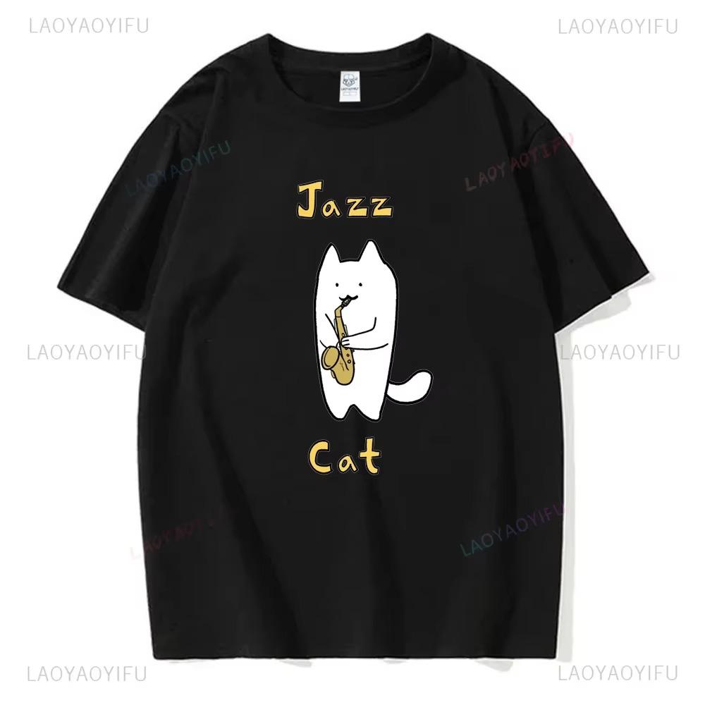 Cute Cat Plays Jazz Saxophone Graphic T Shirts Woman Man Vintage Fashion Casual Streetwear High Quality  Tee Shirt Funny