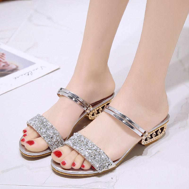 Women's Sandals Summer Wear New Middle Heel Fashion Two Wear Cool Slippers Versatile Thick Heel Cool Slippers