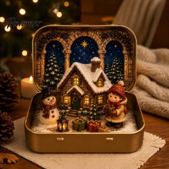 Micro Paesaggio Natalizio da Tavolo Mini Set in Scatola di Latta, Scena Festiva Formato Tascabile Scatola Presepio Portatile con Figure in Miniatura, da Collezione