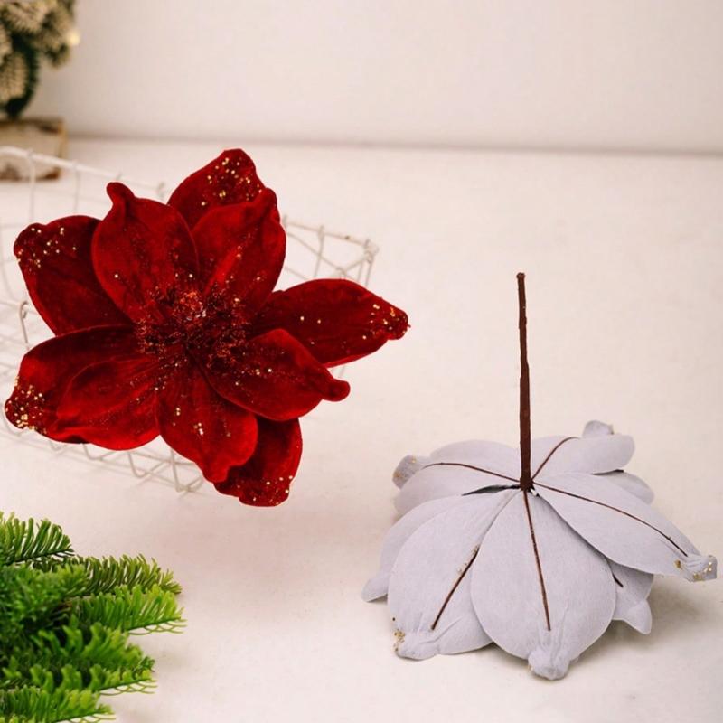 1PC Christmas Home Hotel Holiday Wedding Decoration Supplies Flocked Single Artificial Flowers Gold Powder Christmas Flowers