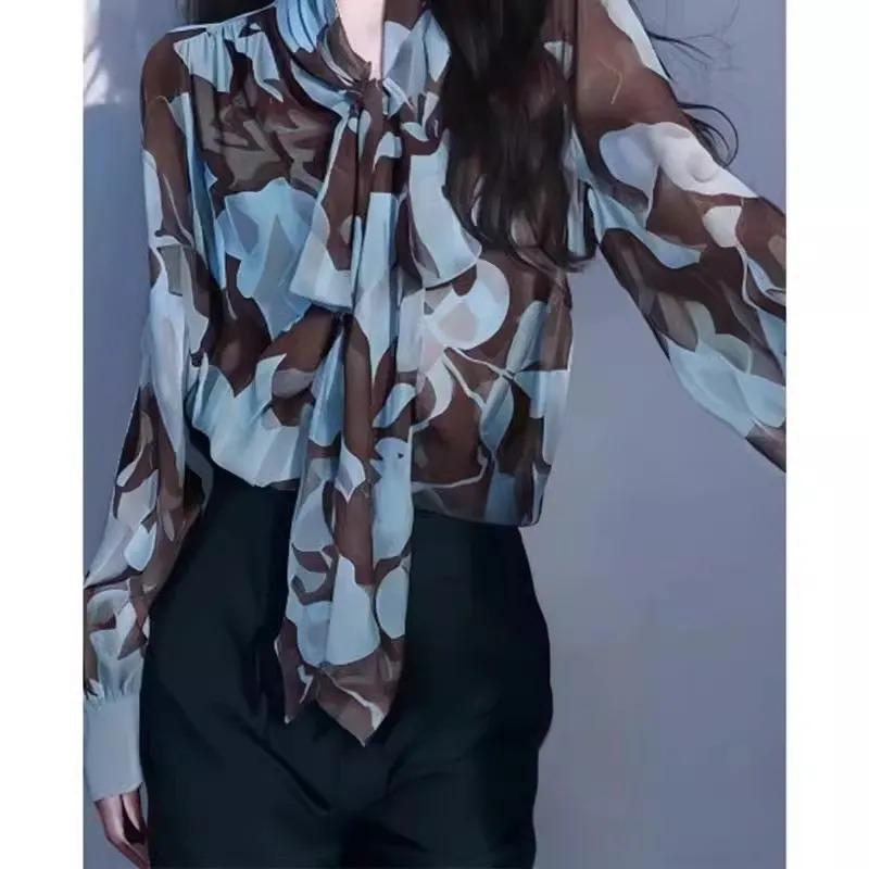

Womens Abstract Print Bow Tie Neck Long Sleeve Blouse S бежевый