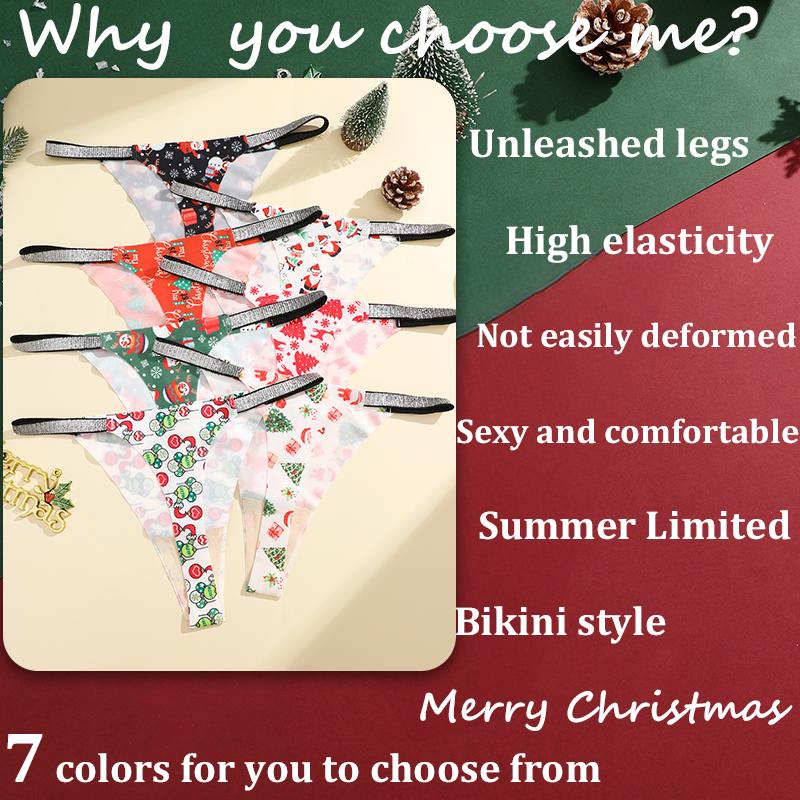 FINETOO 4Pcs Snowflake Santa Claus G-String Sexy Breathable Women's Underwear Low Waist Thong Merry Christmas Panties Diamonds