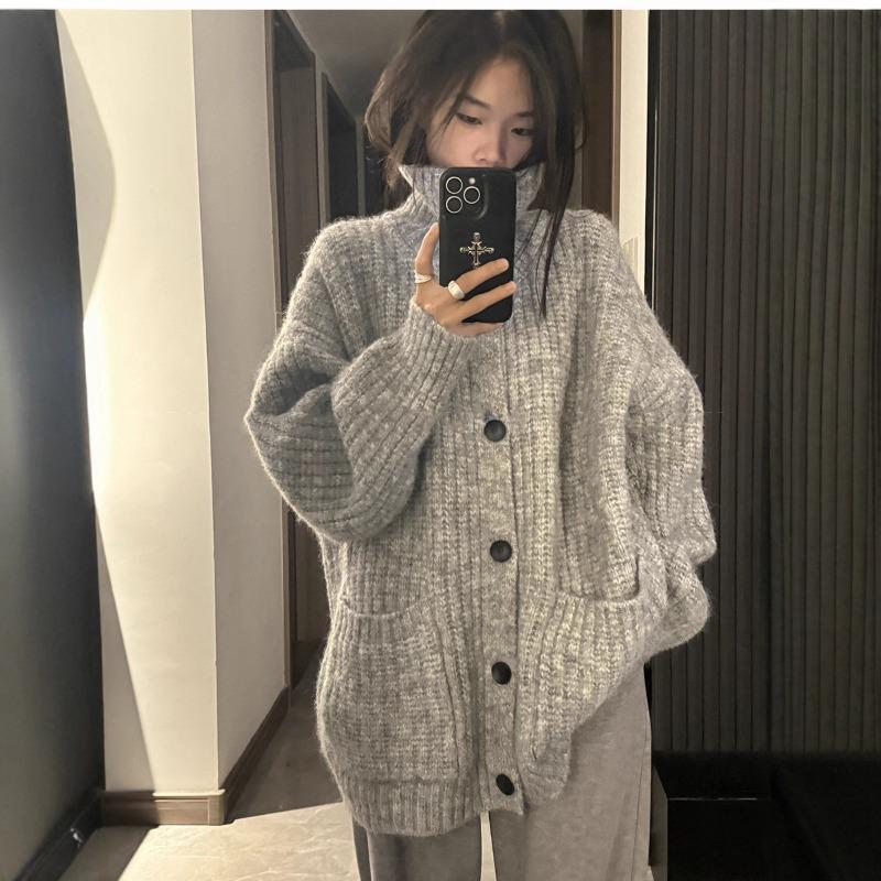 Gray soft waxy turtleneck cardigan sweater jacket women wear lazy wind loose medium and long knitted sweater in autumn and winter