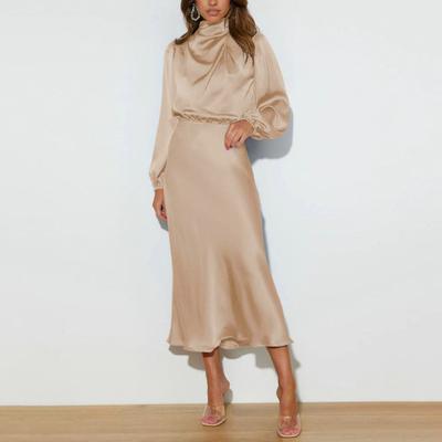 Women Dress Half-high Collar Satin Long Sleeve Solid Color Hollow Out Lantern Sleeve Tight Waist Evening Dress Wedding Cocktail Party Midi Dress