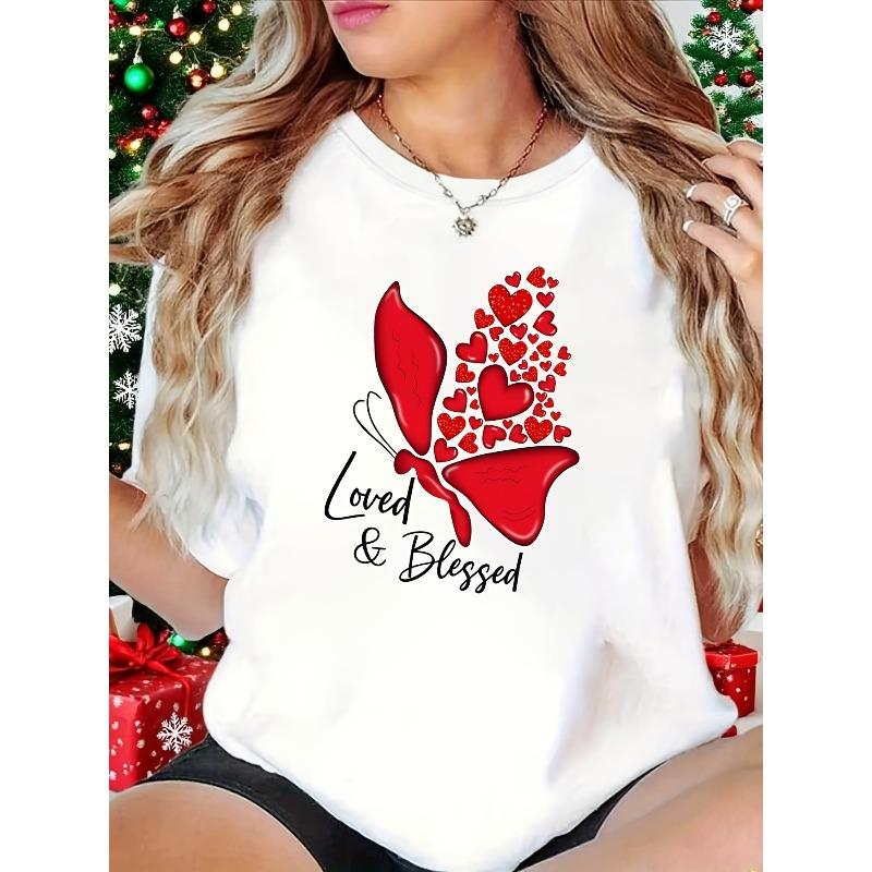 

Womens Plus Size Loved & Blessed Red Butterfly Print T Shirt White Crew Neck Short Sleeve Valentine s Day Casual Festive Top S белый