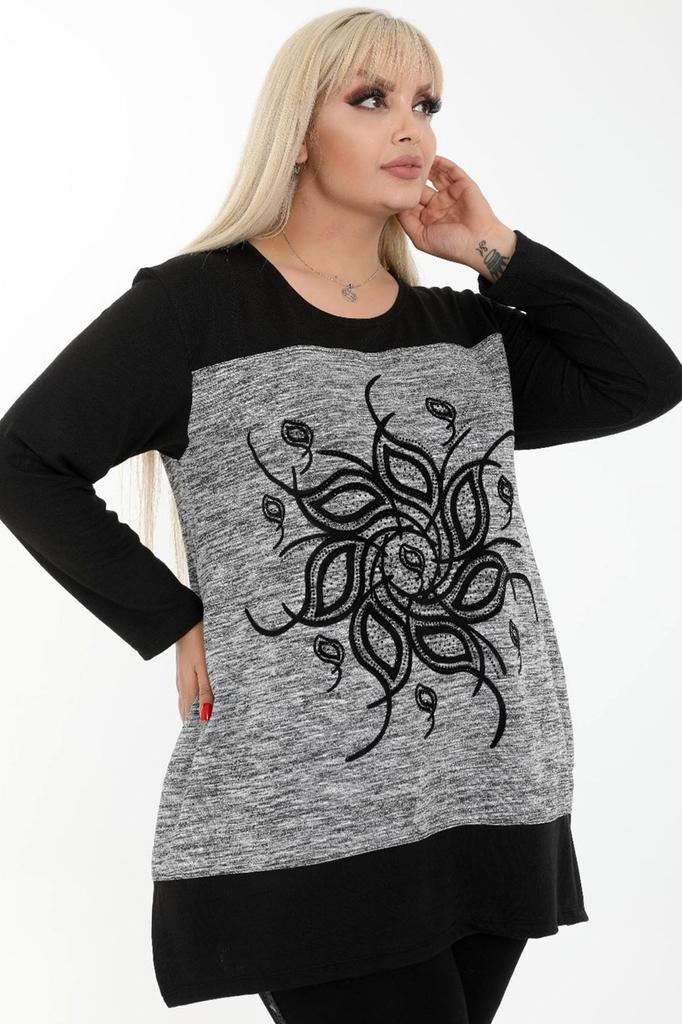 Damska tunika w dużym rozmiarze z motywem kwiatowym, haftowanym kamieniem, okrągłym kołnierzykiem, długim rękawem, swobodna tunika