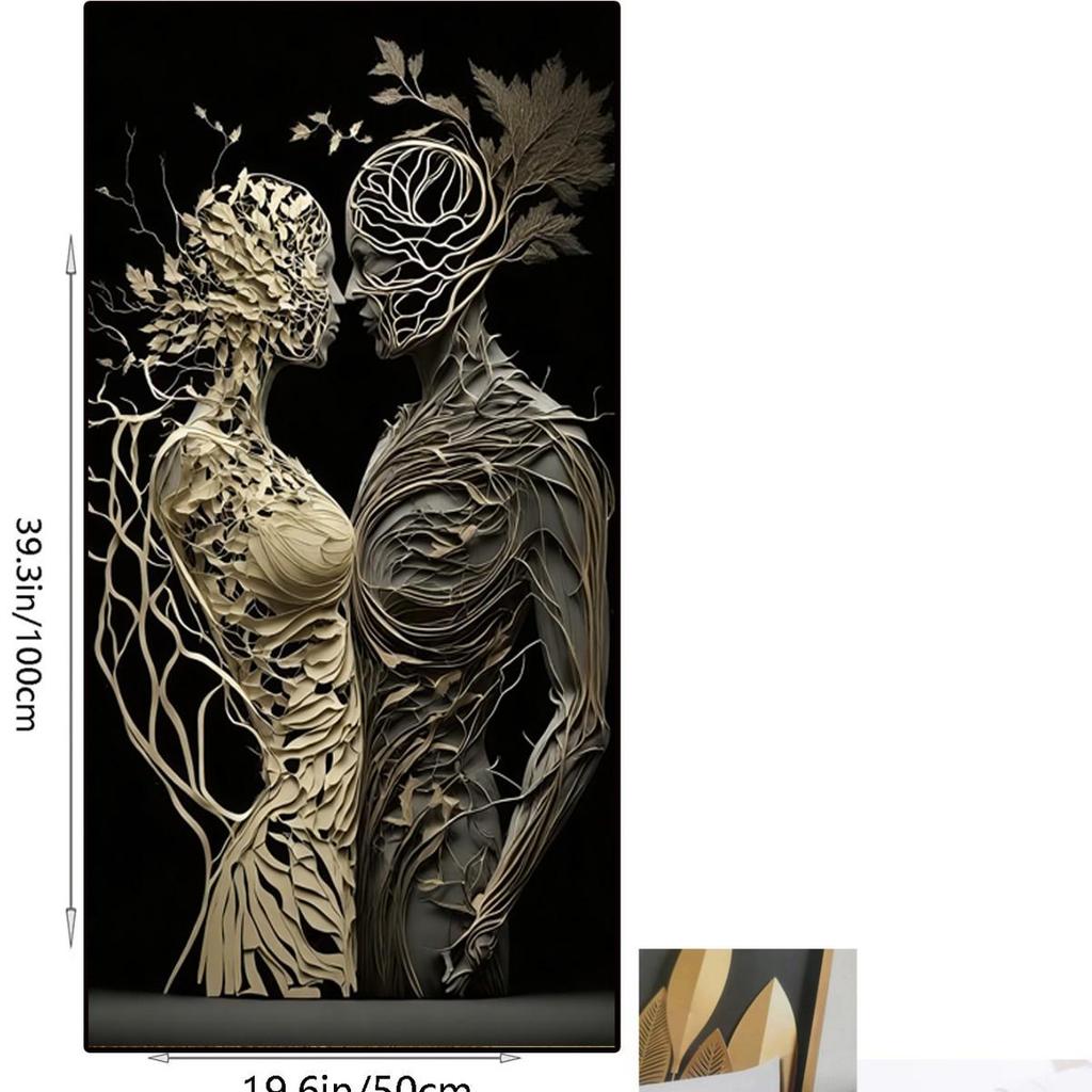 Modern Black & White Double Canvas Painting with Intricate Floral Figures