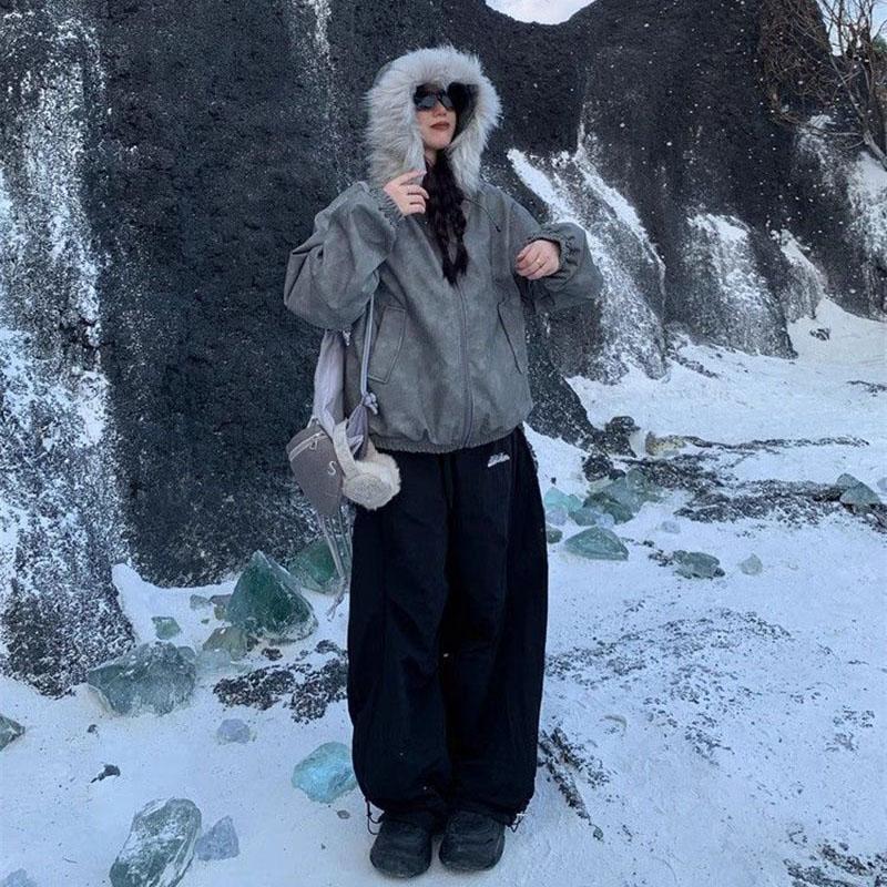 Vintage kalhoty se širokými nohavicemi dámské zimní zateplené plus sametové teplé kalhoty dámské s vysokým pasem volné tepláky