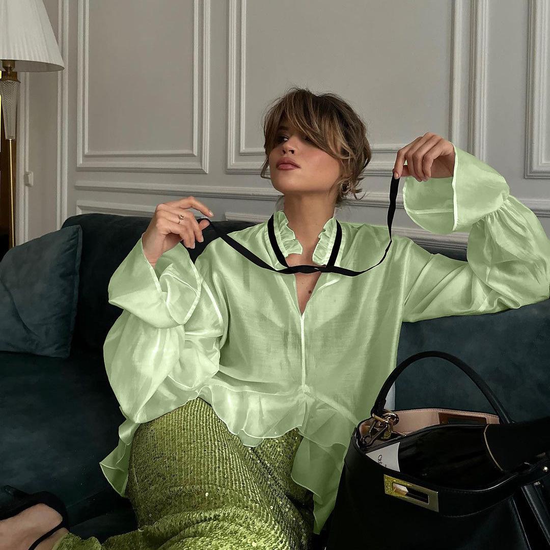 

women s Ruffle Tie Neck Sheer Flare Long Sleeve Cropped Blouse Casual Cover Up Top L зелений