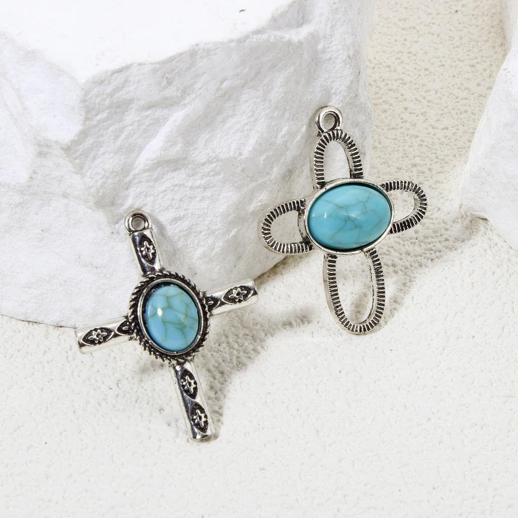 5 PCs Zinc Based Alloy Bohemia Charms Pendants Antique Silver Color Cross With Resin Cabochons Imitation Turquoise Pendants