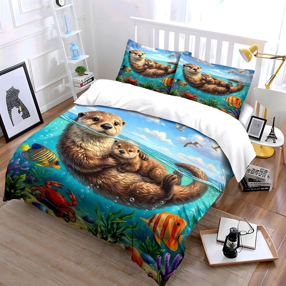 Otter Family With Marine Life Printed Duvet Cover Set1 Duvet Cover+2 Pillowcasemulti Size Bedroom Bedding Decor Luxury Gifts