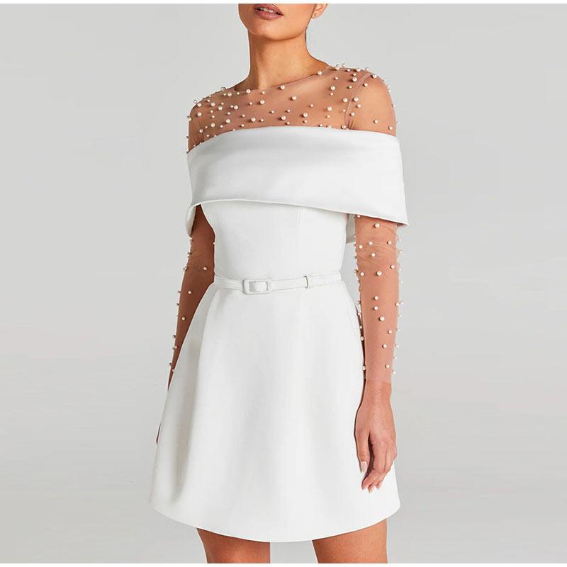 Women Simple Patchwork Off The Shoulder Party Dress Spring Summer Short Sleeve Mini Dress Slash Neck Solid Color Ladies Dress