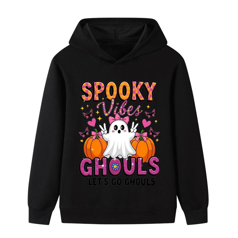 Warm Children Hooded Pullover, Lovely Ghost Pumpkin And Colorful Halloween Text Graphic, Autumn Winter Long Sleeve Sweatshirt For Kids Casual Outfit