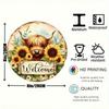 Highland Cow Sunflower Welcome Sign, Rustic Aluminum Wall Decor for Home