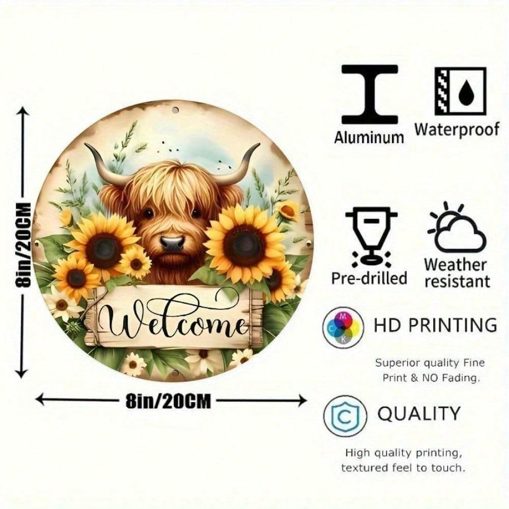 Highland Cow Sunflower Welcome Sign, Rustic Aluminum Wall Decor for Home