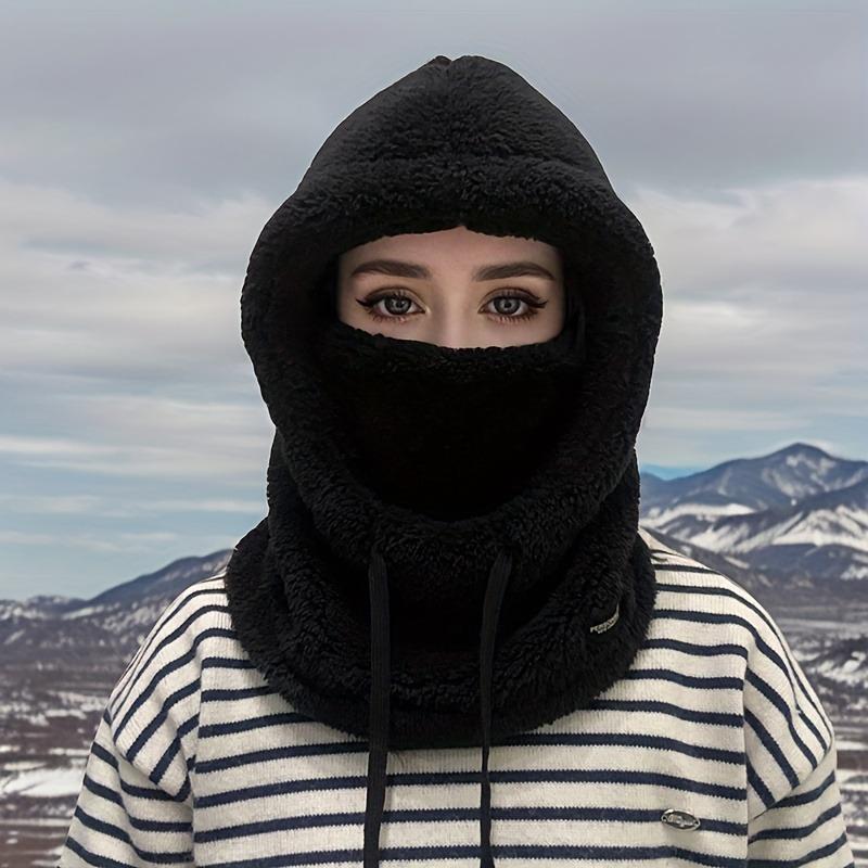 1PC Women's Winter Plush Mask Cap - Elastic Drawstring Closure, Light and Warm, Solid Color Soft Polyester Fiber Material, Hand Washable