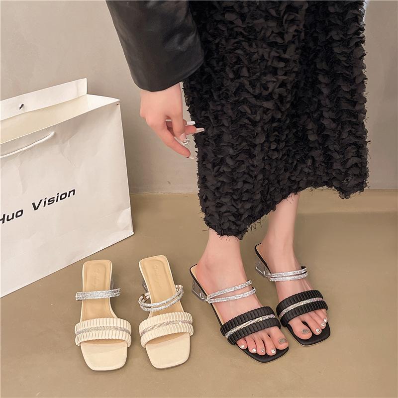 Temperament thick heel high heel slippers women's outerwear 2025 summer new rhinestone transparent crystal with skirt women's sandals