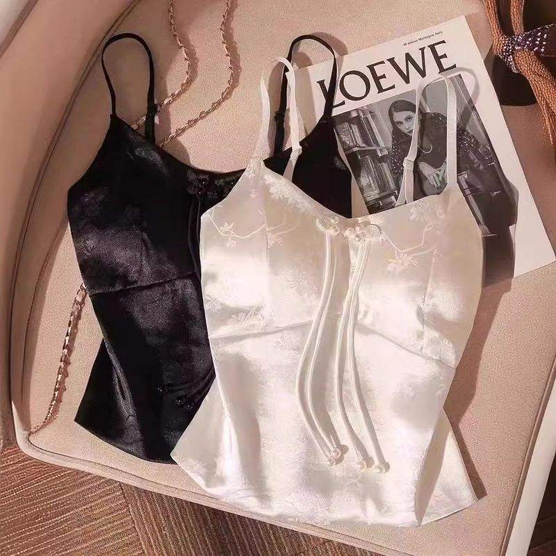 New Chinese-Style Satin Printed Camisole with Chest Pads, Adjustable Vest for Women, Perfect for Summer Suits and Showcasing a Beautiful Back