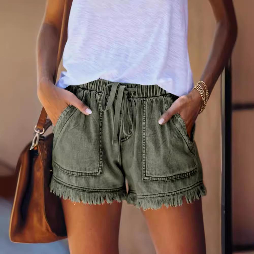 Tassel Elastic Waist Mid-Rise Denim Cotton Women's Shorts