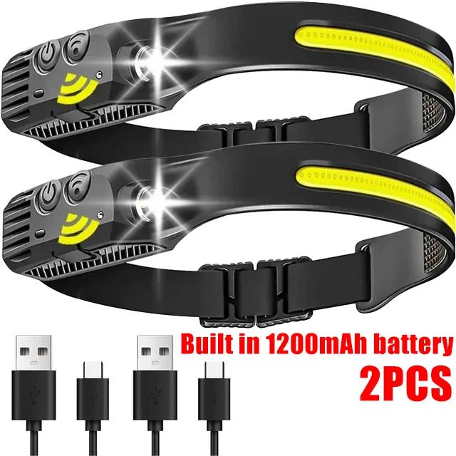 Induction Headlamp COB+LED Head Flashlight Built In Battery USB Rechargeable Outdoor Waterproof Camping Fishing Work Lantern