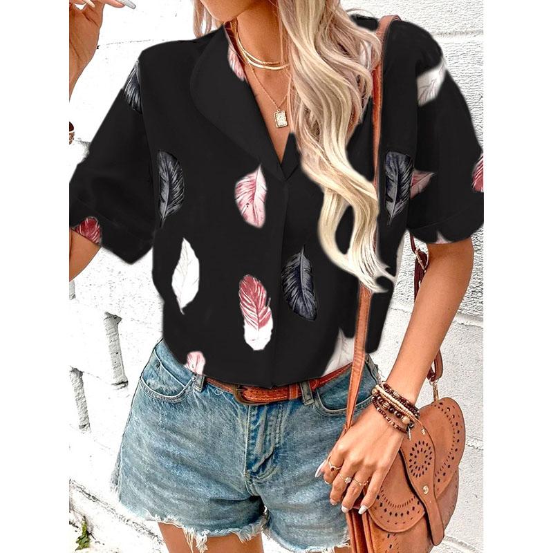 Sommer Damen Shirt Revers Feder Print Kurzarm Tops Shirt T-Shirt