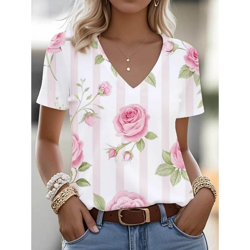 

Women s V Neck Short Sleeve T Shirt with Bohemian Floral Graphic Print, Vintage Stylish Tops for Daily Wear in Spring Summer S