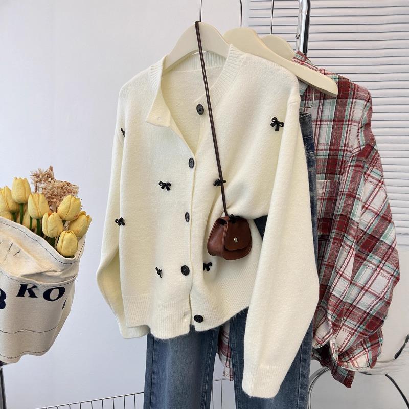 Beaded Bow Chic Knitted Cardigan Niche Design Sweater Women's Top