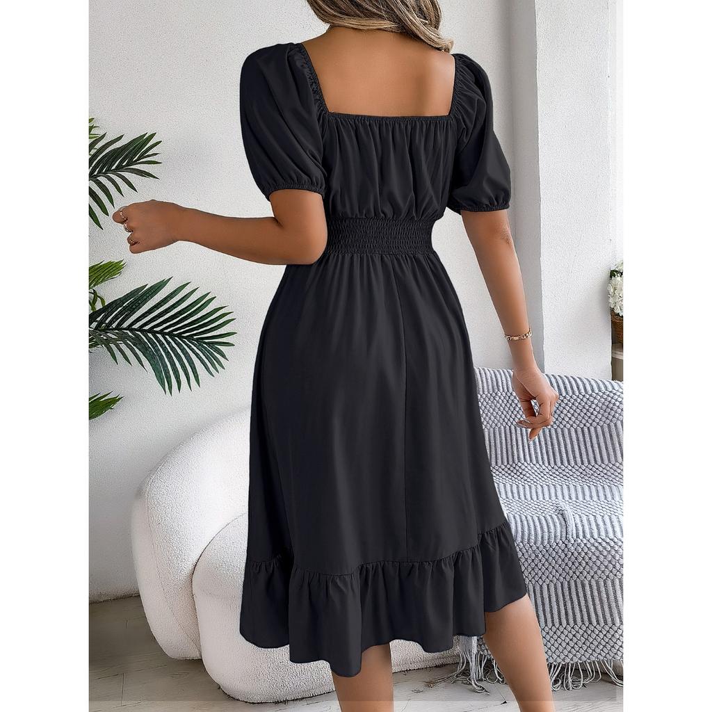 GMXIA Spring and Summer Casual Square-neck Short-sleeved, Waist-cinched, Ruffled A-line Skirt Women's Clothing