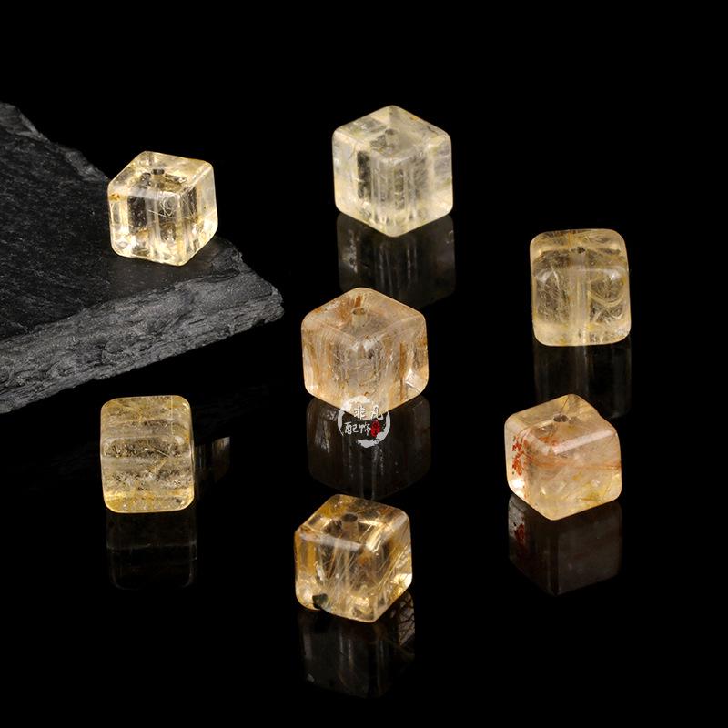 Golden Rutilated Quartz Square Beads for DIY Crystal Bracelets - Yellow and White Quartz Accessories