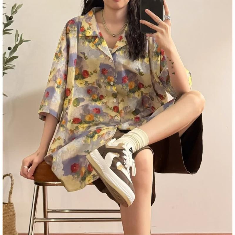 Floral Printed Colorful Female's Suit Collar Shirt Summer Loose Casual Short Sleeved Shirts Vacation Style Chic Blouses