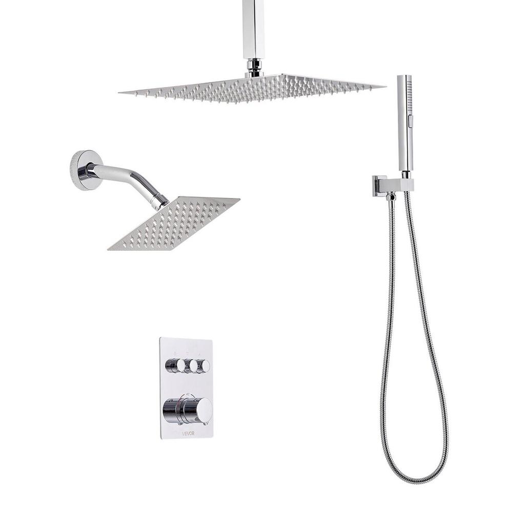 Shower Faucet Set, 305 mm Thermostatic Ceiling Mount Rainfall Shower System with 152 mm Wall Mount Head and 2 in 1 Handheld Spray, 3-Function Dual