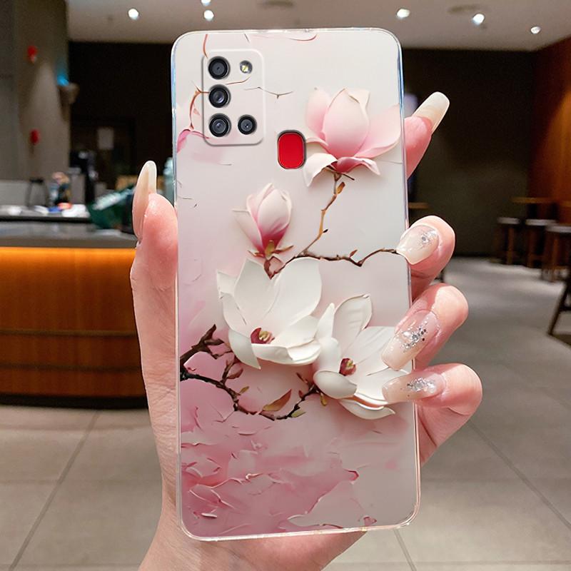 For Samsung Galaxy A21s Phone Case SM- A217F Capa Flower Butterfly Protective Thin Cases Transparent Soft Silicone TPU Cover