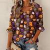 Women's Halloween Print Round Neck Tie Front Ruffle Blouse Three-Quarter Sleeves