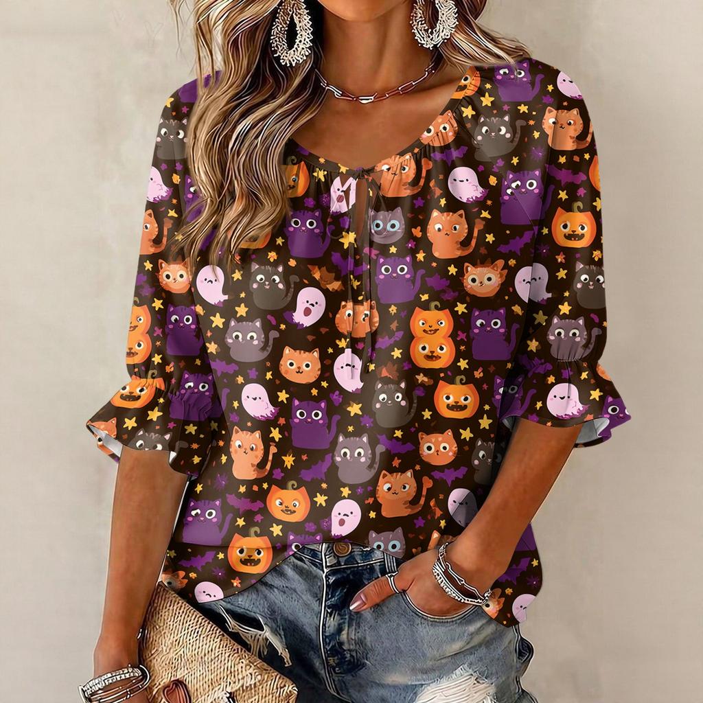 Women's Halloween Print Round Neck Tie Front Ruffle Blouse Three-Quarter Sleeves