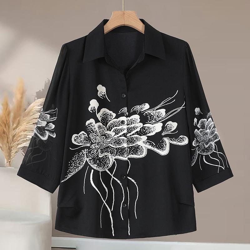 

Chic Printed Summer Top for Middle-Aged Mothers - Fashionable, Loose-Fit, Versatile 7-Point Sleeve Shirt. 2XL (105-120 Jin) чёрный