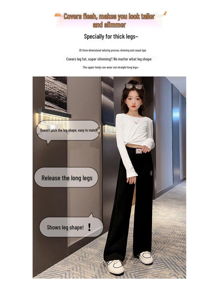 Girls' 2025 Autumn/Winter Fashionable Fleece-Lined Wide-Leg Pants