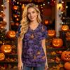 Damen V-Ausschnitt Kurzarm Kasack mit Taschen Halloween-Print Pflegekraft Uniform