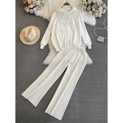 Knit Hooded Sweatshirts 2 Piece Sets Women Casual Knitwear Jumper Tops Ensembles Korean High Waist Malhas Wide Leg Pants Suit