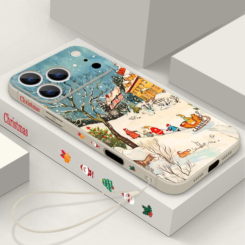 Cute Santa Claus Pattern TPU Soft Silicone Case For iPhone 17 Pro Max 16E 16 15 14 13 Pro Max 12 Pro 11 Shockproof With Lanyard Phone Cover Fundas