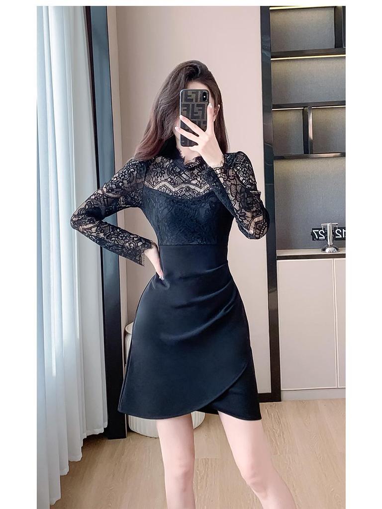 Elegant Lace Patchwork Semi-High Neck Dress: Waist-Cinching, Hip-Hugging Short Skirt