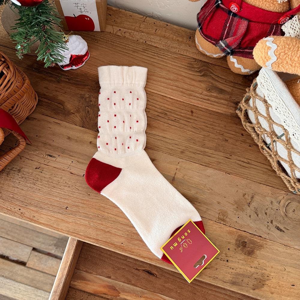 Lucky Little Dog Socks, Silk and Wool, Red Socks for Girls, Warm In Autumn and Winter, New Year, Pile Up Socks for Girls