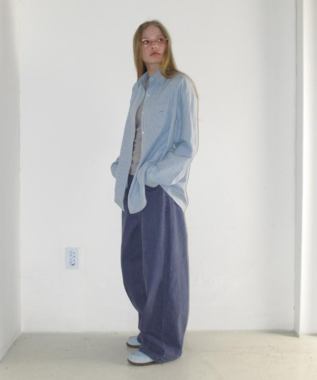 RONRON Button Pocket Oversized Shirt Blue Stripe