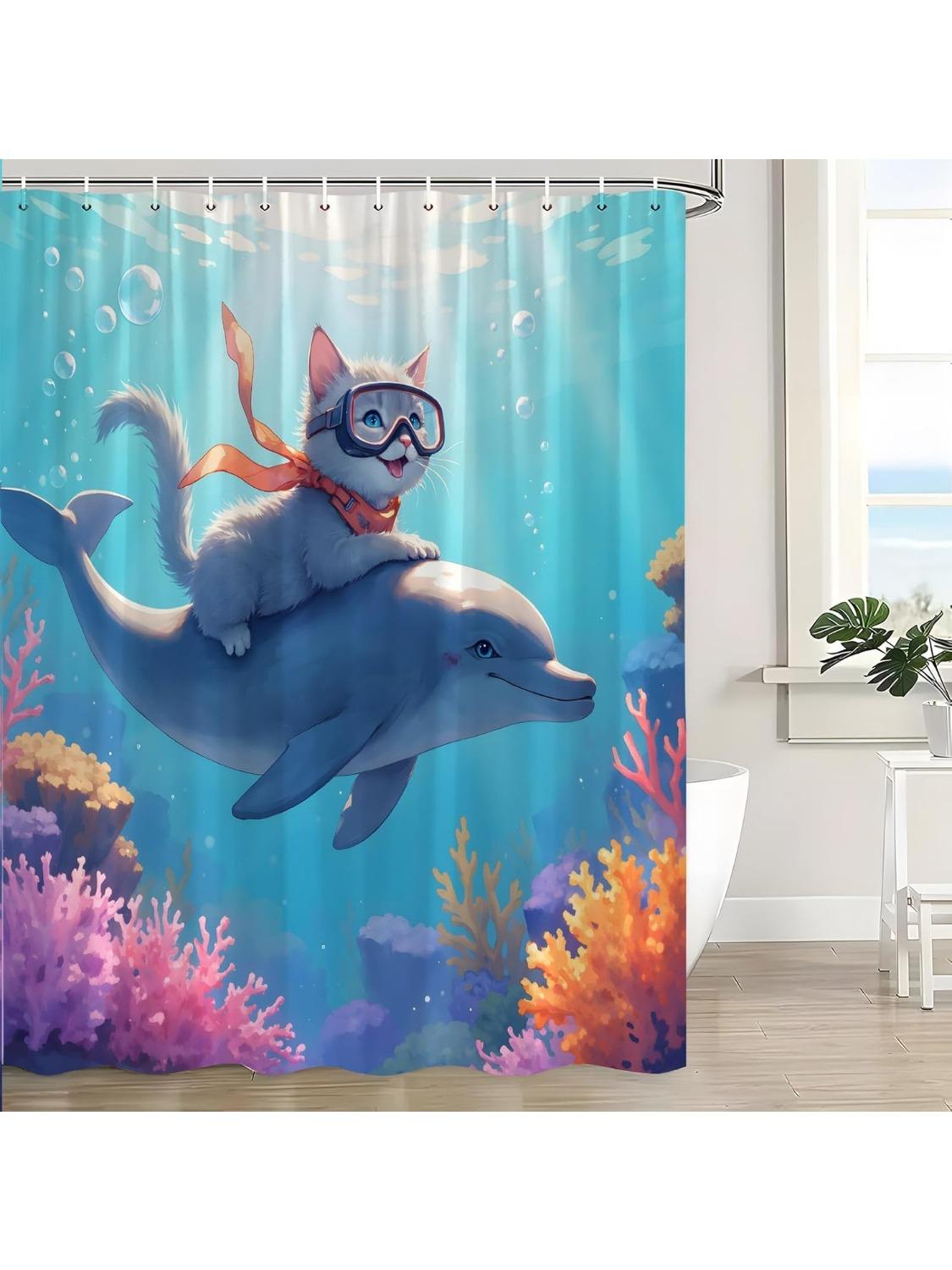

Funny Cat Shower Curtain Cute Dolphin Blue Ocean Animal Nautical Kitten Tropical Coral Underwater Sea Marine Life Bath Decor 90x180CM