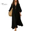 Mid-length Dress Women's Deep V Neck Maxi Dress, Puff 3/4 Sleeve Party Casual A-Line Flowy Loose Boho Beach Sundress Soft Fabric